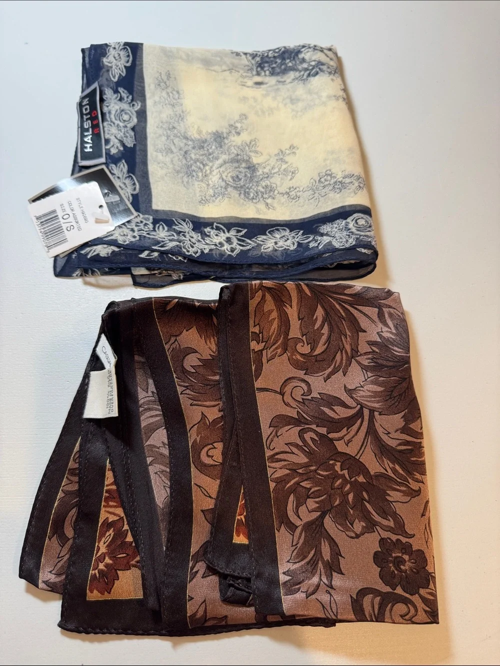 Halston Heritage Black and Ivory Floral Print Silk Scarf, Brown toned silk scarf